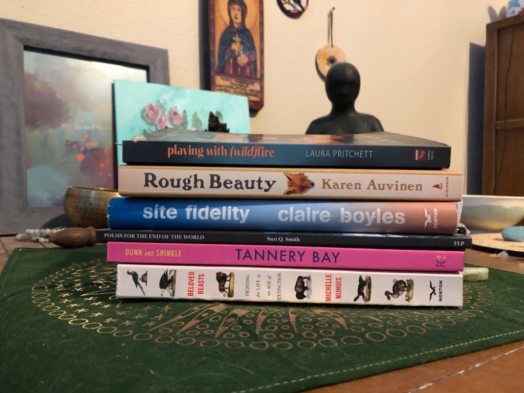 stack of books sitting in front of pictures and statues. The books are, from bottom to top, Beloved Beasts by Michelle Nijuis; Tannery Bay by Steven Dunn and Katie Jean Shinkle; Poems for the End of the World by Suzi Q. Smith; Site Fidelity by Claire Boyles; Rough Beauty by Karen Auvinen; Playing with (Wild)Fire by Laura Prtichett.