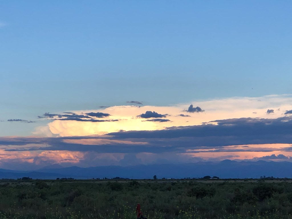 an evening sky, white, purple, and peach clouds over a field. Mountains slightly visible behind clouds