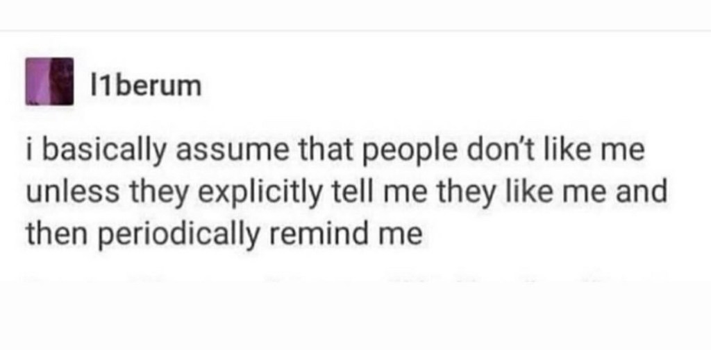 text reads "i basically assume that people don't like me unless they explicitly tell me they like me and then periodically remind me"